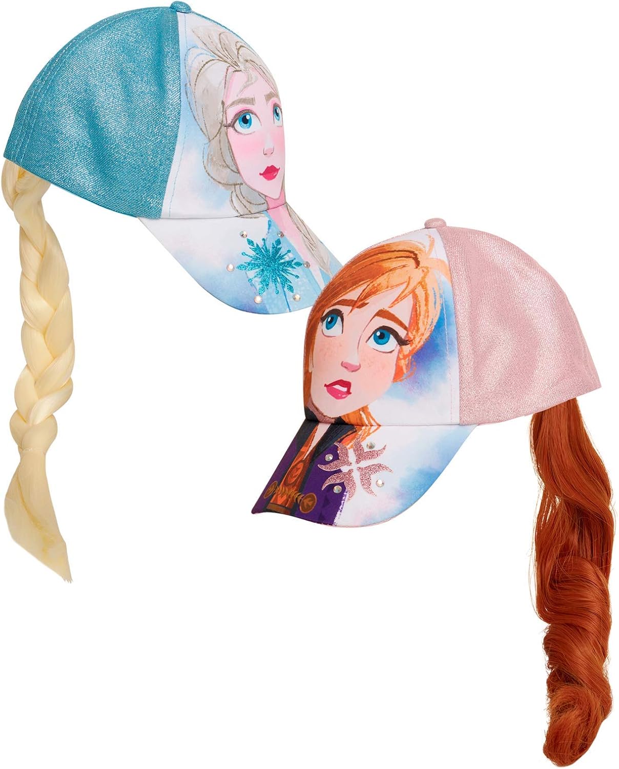Disney Girls' Frozen Baseball Caps - 2 Pack Elsa and Anna Glitter Hat with Faux Ponytail Set (Ages 4-7), Size Age 4-7, Elsa/Anna Ponytail Cap: Clothing