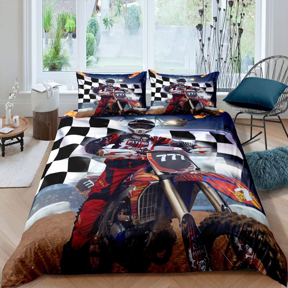 Homewish Dirt Bike Duvet Cover Motocross Rider Comforter Cover Set Motorcycle Extreme Sport Game Bedding Set Single Size Motorbike Racer Bedspread Cover For Kids Boys Teens Young Man