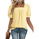 EVALESS Tops for Women Short Sleeve Tunic Blouse Square Neck Gingham Tops Cotton Blend Plaid Shirt Cute Checkered Shirt