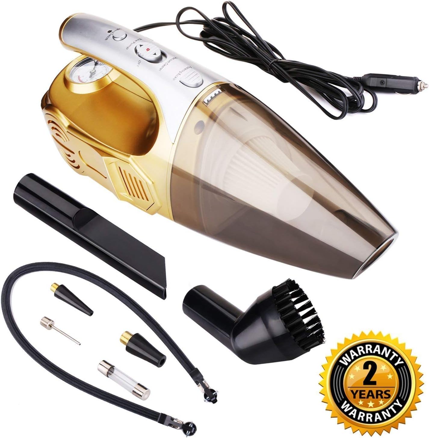 4-in-1 Car Vacuum Cleaner - Car Vacuum with LED Light, Tire Inflator, Pressure Gauge, Wet/Dry 12V 120W Vacuum Cleaner for Car, High Power Portable Handheld Car Vacuum 16.4FT Power Cord with Carry Bag