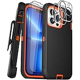 COLDNICE Case for iPhone 13 Pro Max Case 6.7" with Belt Clip Holster Kickstand, 2 Screen Protector & 2 Camera Lens Protector, Heavy Duty Full Body Protection Phone Case(Belt Clip,Black+Orange)