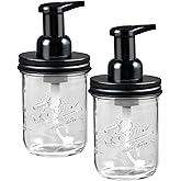 SheeChung Mason Jar Foaming Soap Dispenser, Glass Foaming Hand Soap Dispensers, Stainless Steel Lid, Refillable Foam Soap Dispenser for Bathroom Kitchen, Farmhouse Bathroom Decor (2 Pack, Black)