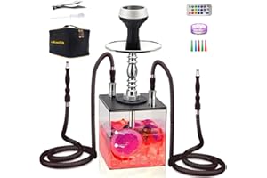 SunWamntin 2 Hose Big Hookah – Square Large Cloud Production Traditional Hookah Set with Everything, Durable And Sturdy Acrylic Material, Travel Kit with LED Base, Cleaning Brush and Portable Bag（Black）