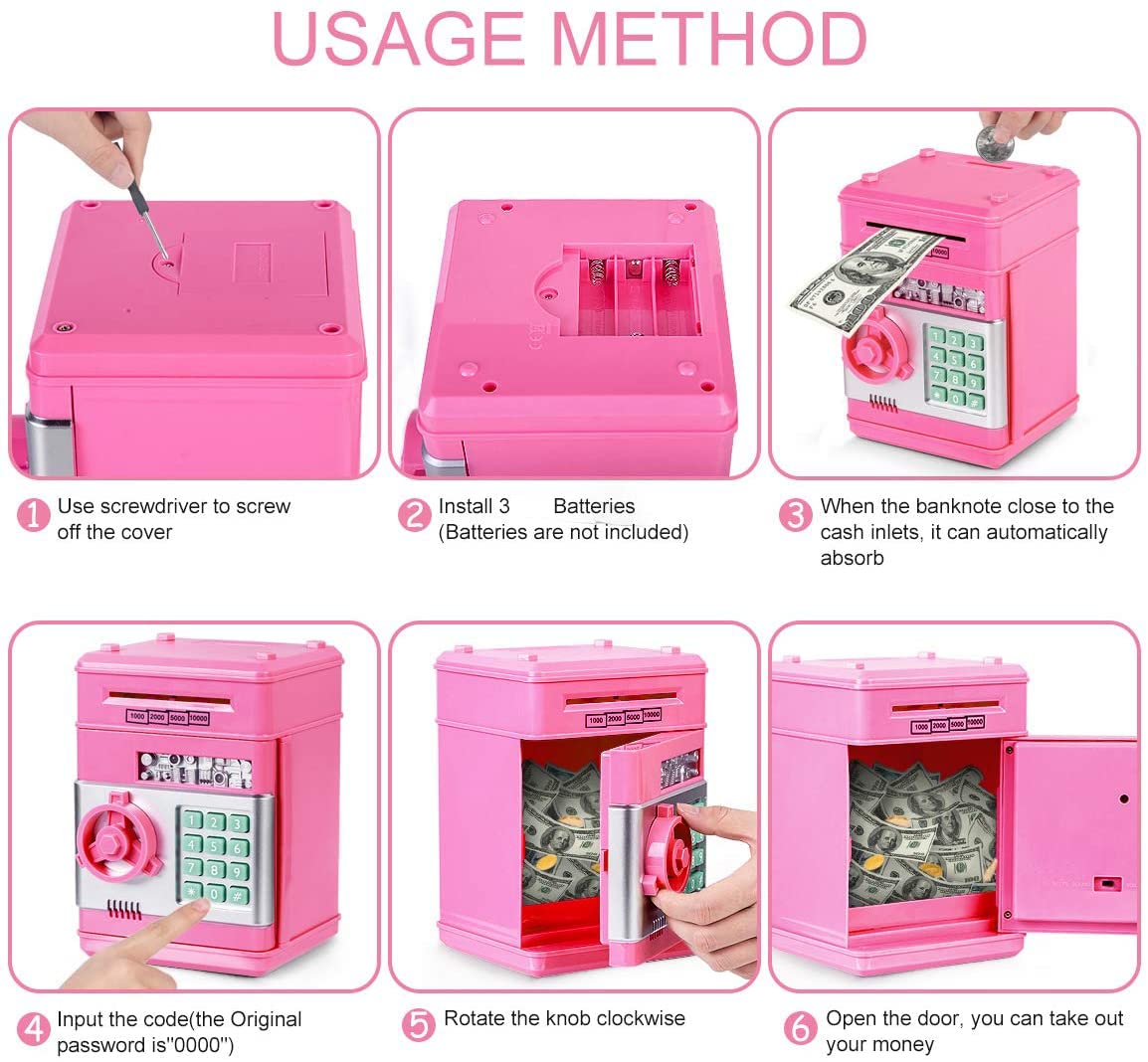 Thedttoy Elektronisch Spardose Münze Geldbank Spardosen , Automatische Mini ATM Digitale Sparschwein Tresor Kinder, Geburtstag Kindertag Geschenke für 3-10 Jahren Mädchen Jungen (Rosa)