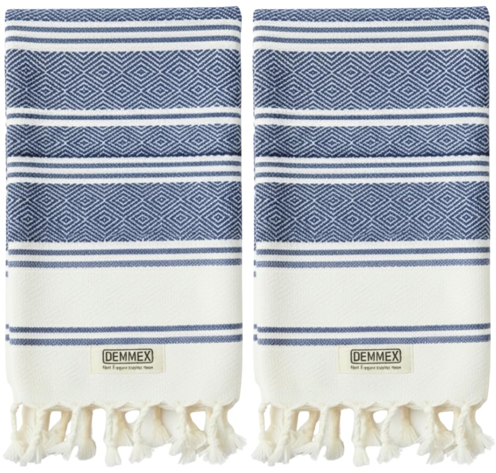 DEMMEX Organic Turkish Cotton Hand Towels Set of 2, Quick Dry Soft Diamond Weave, Absorbent Prewashed OEKO-TEX Bathroom Kitchen Towels 45x90cm (Navy)