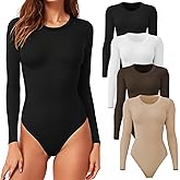 CE' CERDR 4/5 Pack Long Sleeve Bodysuit for Women Round Neck Casual Stretchy Basic Shirts Crew Neck Body Suits Tops