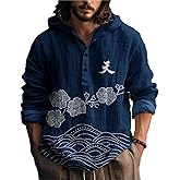 MARSVOVO Japanese Style Hooded Shirts for Men Long Sleeve Quarter Button Daily Light Weight Hoodie for Spring Fall
