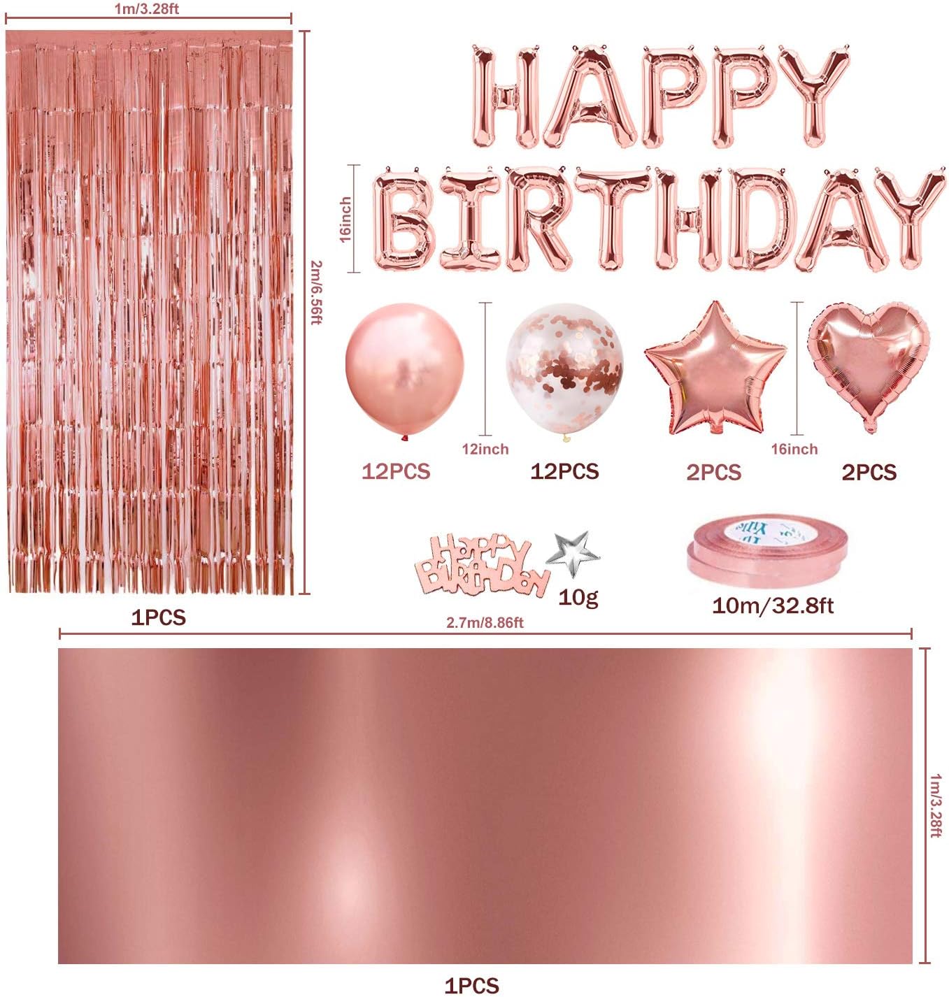MOVINPE Rose Gold Birthday Party Decoration, Happy Birthday Banner, Rose Gold Fringe Curtain, Foil Tablecloth, Heart Star Foil Confetti Balloons, 10g Table Confetti for Women Girl Birthday Party: Toys & Games