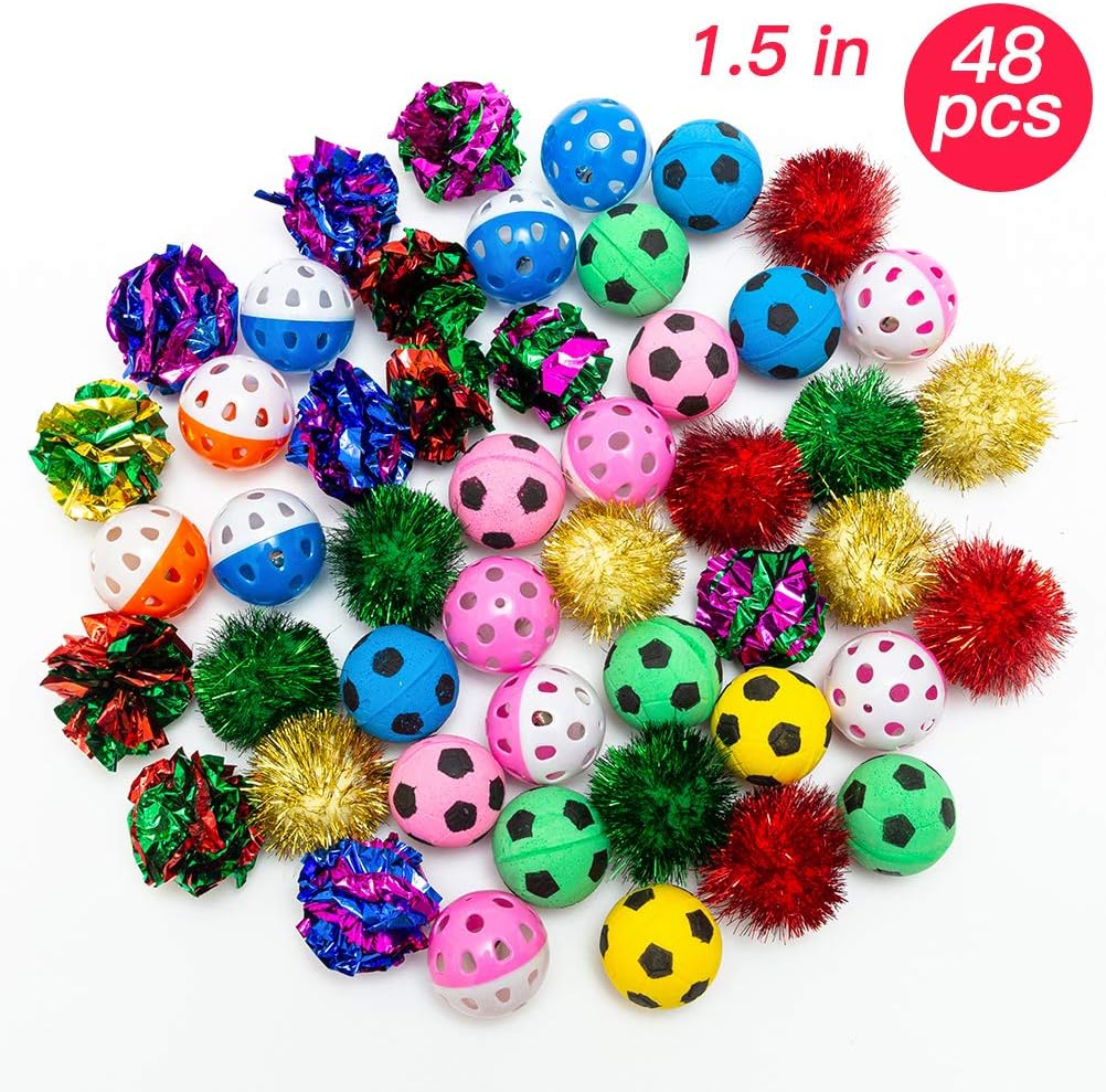 48 Pack Assorted Color Cat Ball Toy Set - Crinkle Balls, Sparkle Balls, Sponge Soccer Balls, Jingle Balls : Kitchen & Dining