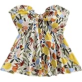 Milumia Women's Floral Plants Print Tie Front Tube Top Ruffle Trim Strapless Peplum Tops