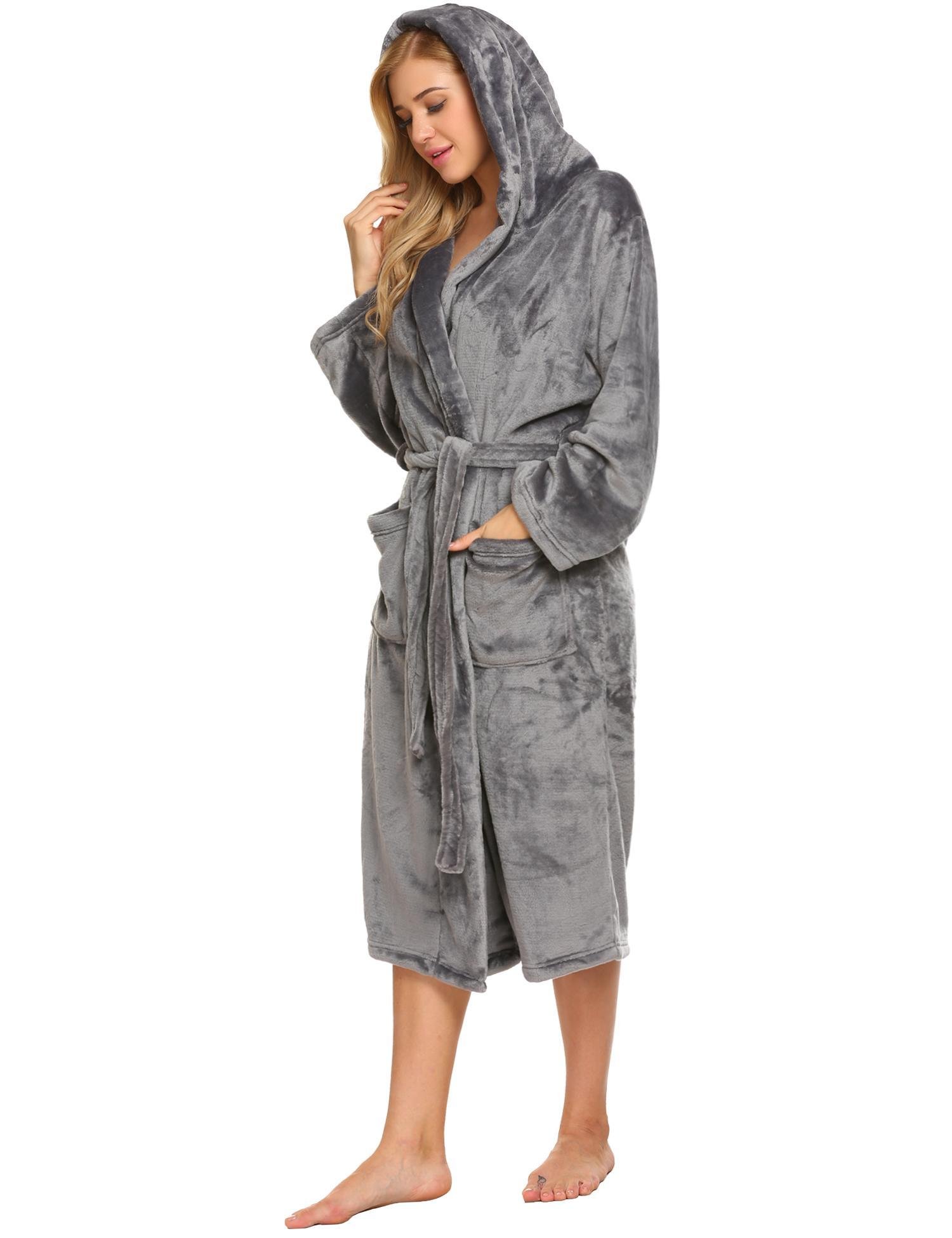 Ekouaer Womens Soft Fleece Bathrobe Kimono Spa Robe Dark Grey S