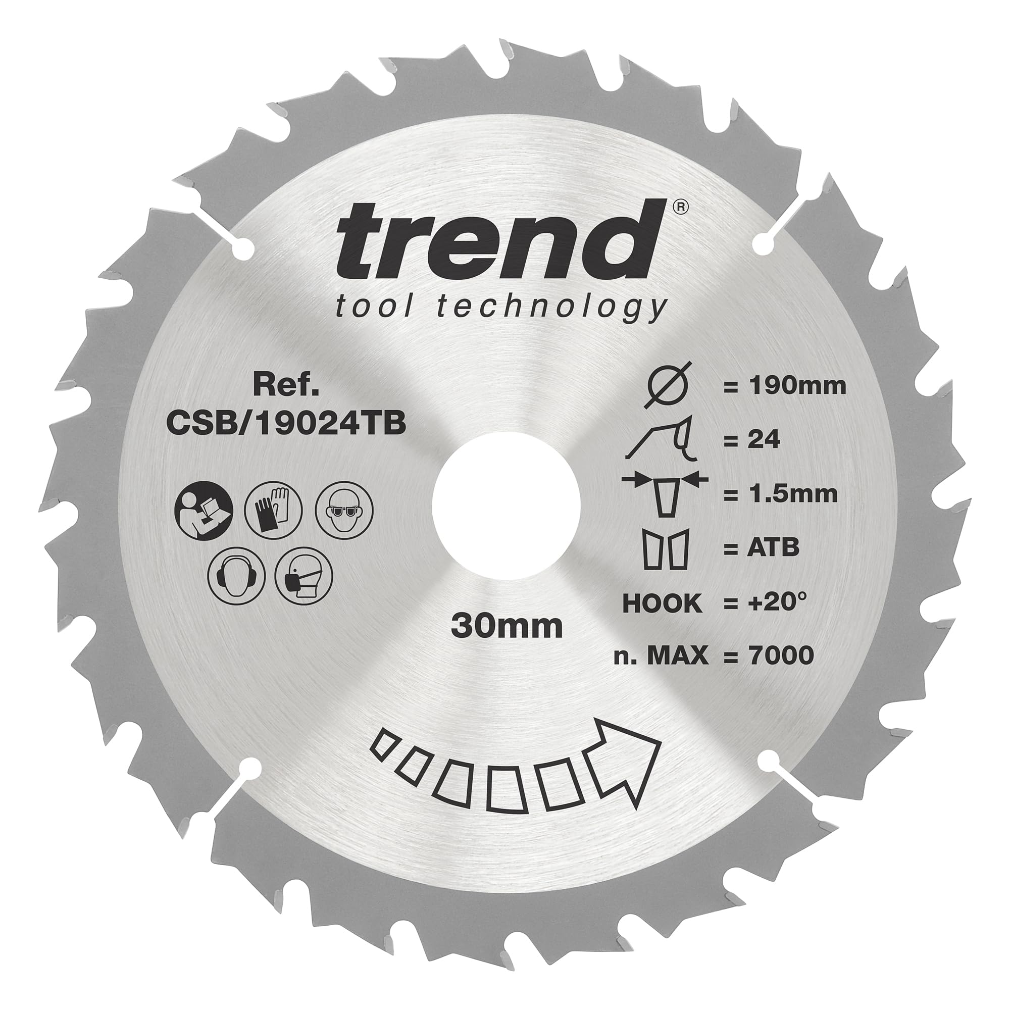 Trend Wood Cordless Circular Saw Blade, 190mm Diameter, 30mm Bore, 24 Teeth, 1.5mm Kerf, +20° Hook, TCT, Medium Finish, CSB/19024TB