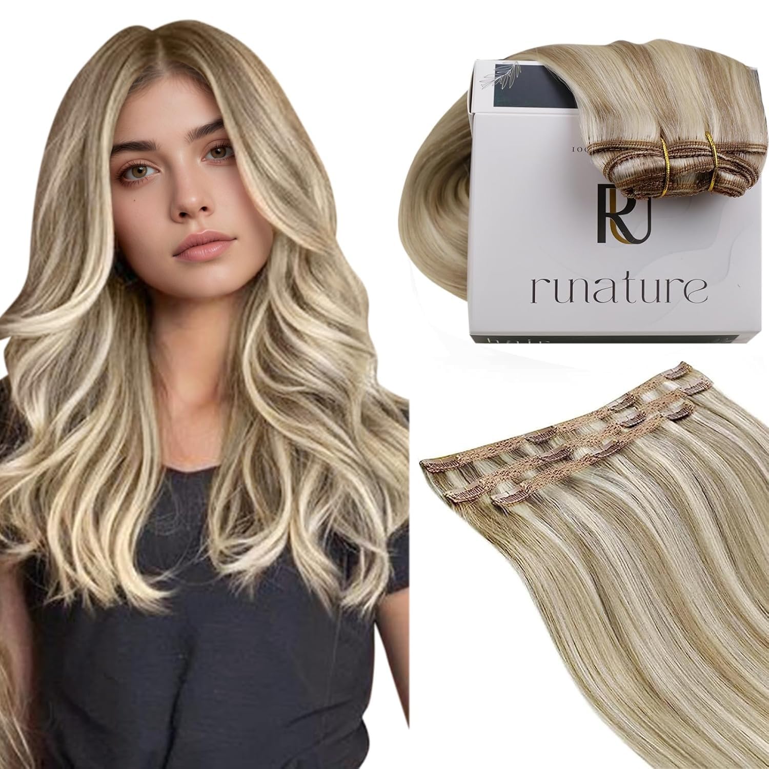 RUNATURE Clip in Hair Extensions Real Human Hair Blonde Hair Extensions Clip in 20 Inch 50g Ash Brown Highlight Platinum Blonde Full Head Straight Clip Extensions 3Pieces #8p60