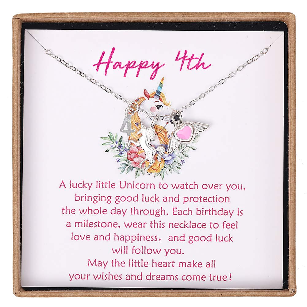 Giuesytic 4 Year Old Girl Birthday Gifts Sterling Silver Pink Heart with Wings and Unicorn Charm Necklace Happy Birthday Gift for 4 Year Old Girl Idea with Card and Gift Box