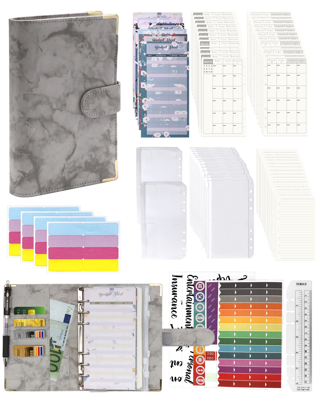 A6 Binder Budget Planner Notebook - 92 Pieces Leather Ring Binder Set, 6 Holes Loose Leaf Notebook Folder Money Saving Folder with Budget Card/Calendar Card/PVC Bag/Refill Paper/Label Stickers