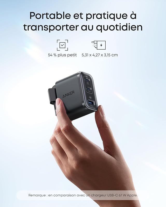 Nano Chargeur USB C 70W 3 Ports (Câble Inclus), Sortie Ultrafast