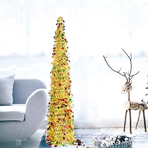 DOYOLLA Collapsible Artificial Christmas Tree , Pop Up Tinsel Coastal Xmas Tree for Home & Party & Office & Fireplace Holiday Decorations (Gold, 5ft)