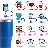 12 Pcs Nurse Straw Toppers, Silicone 10mm Cute Straw Covers Cap for 30&40 Oz Tumblers, Reusable Medical Nursing Drinking Water Bottle Straws Tips Cup Nurses Gifts Accessories