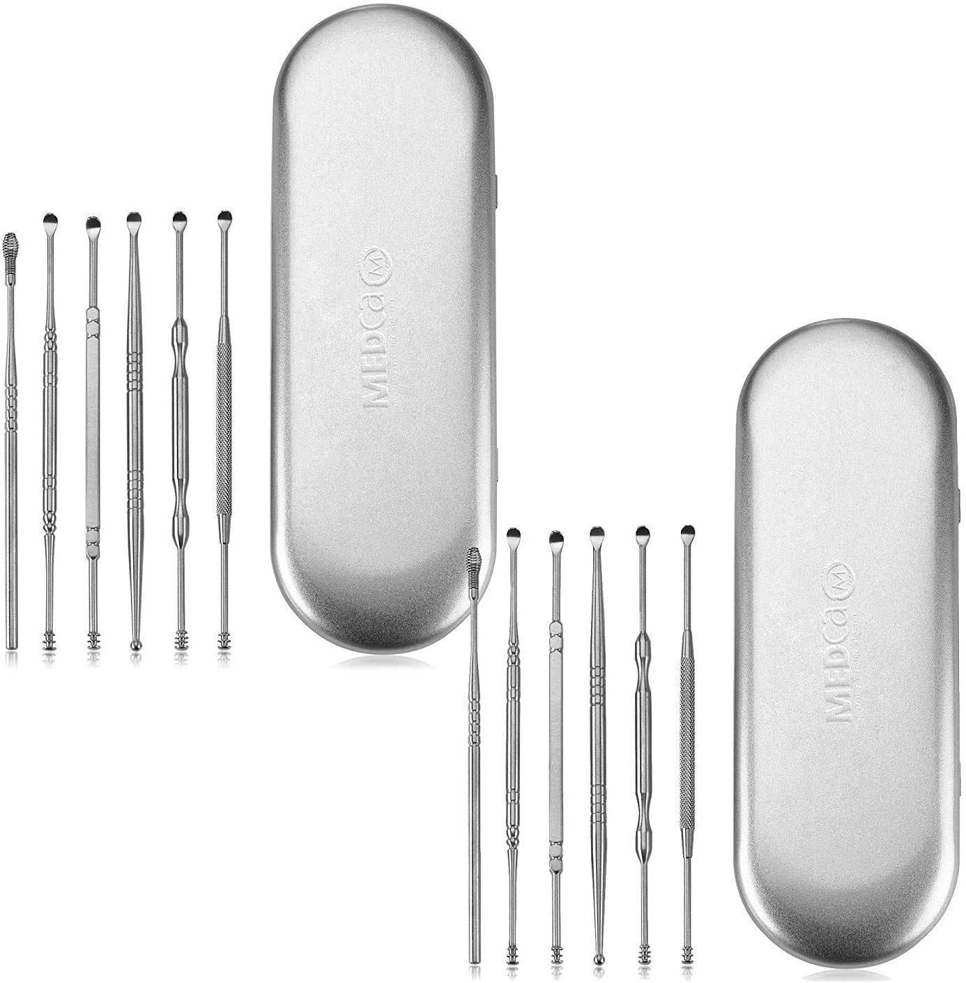 Ear Wax Removal Kits - Pack of 2-6 Piece Ear Cleansing Tool Set, Stainless Steel Curette Earwax Removal Kit for Thorough Cleaner with Spiral Spring Cleaner Pick Unclogger with Storage Case