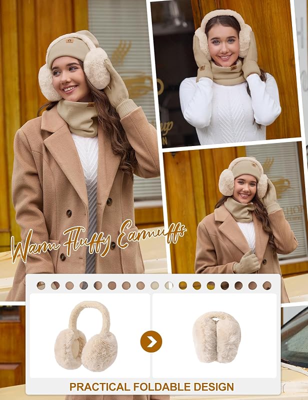 Mütze Schal Handschuhe Damen Winter Set Wintermütze Fleece Gefütterte Beanie Loop Schlauchschal Wärmer Touchscreen Plüsch Ohrenwärmer Verdickte Ohrenschützer Socken-5 Stück Set，Khaki