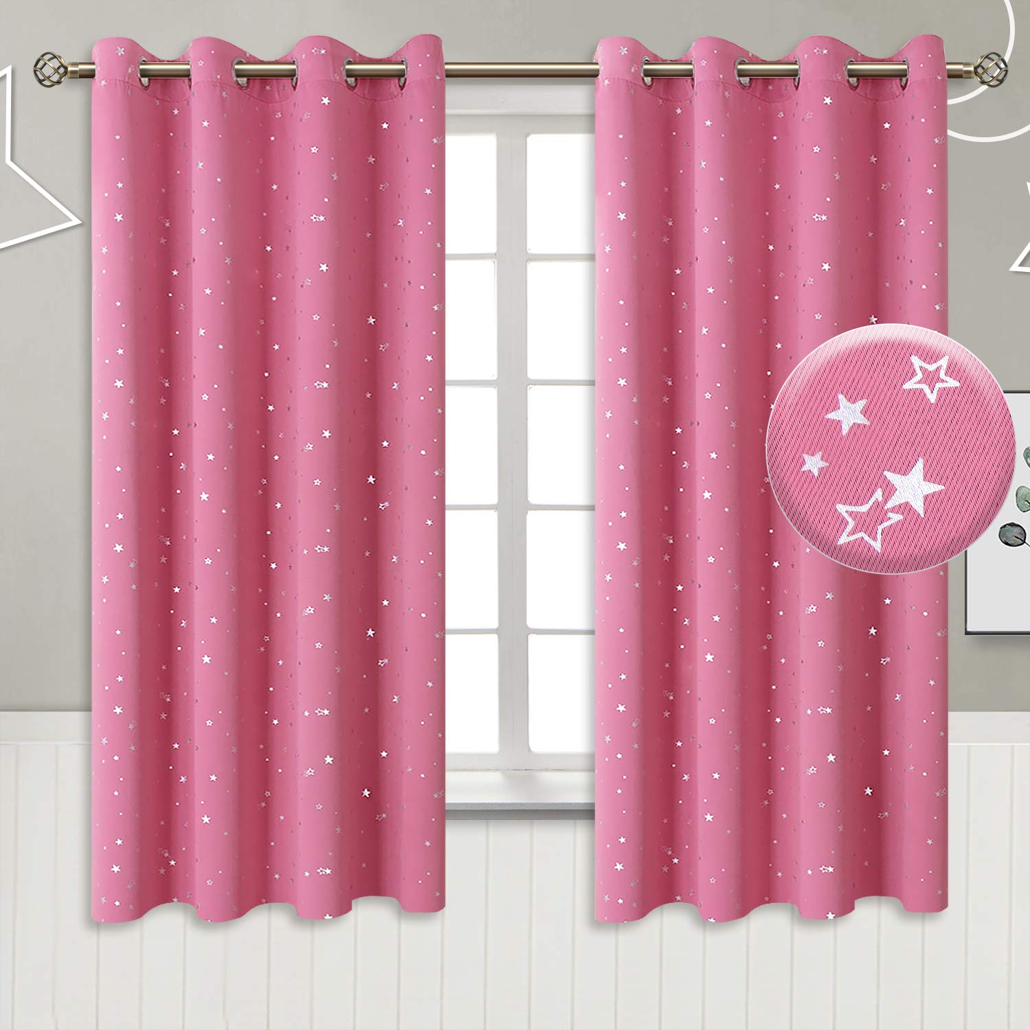 BGment Blackout curtains for Bedroom 2 Panels with Silver Star Pattern, Thermal Insulated Room Darkening Eyelet Curtains, Pink, 46 x 54 Inches