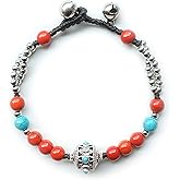 Tibetan Turquoise Stone Beaded Bracelet, Copper Buddha Bracelet for Karma and Luck, Vintage Boho Protection Buddhist Jewelry, Bell bracelets for Women