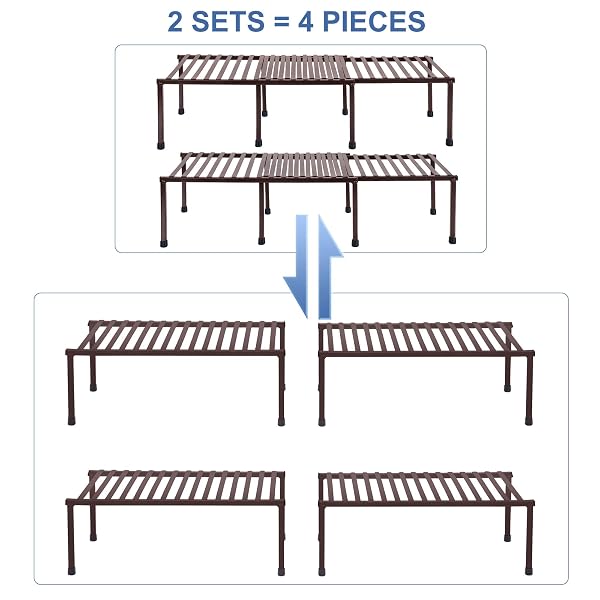 STORAGE MANIAC SET OF 4 EXPANDABLE KITCHEN RACK WIRE SHELF ORGANIZER ADJUSTABLE METAL PANTRY STORAGE FOR PLATE DISH CABINETS COUNTER, BROWN