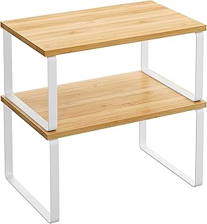 SONGMICS Gewürzregal, 2er Set Küchen-Organizer, Küchenregal, Schrank-Organizer Küche, erweiterbar, kleines Regal, stapelbar, Metall und Holzwerkstoff, wolkenweiß-naturbeige KCS02NW