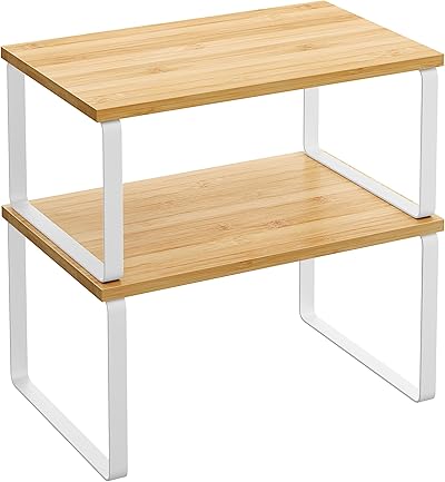SONGMICS Gewürzregal, 2er Set Küchen-Organizer, Küchenregal, Schrank-Organizer Küche, erweiterbar, kleines Regal, stapelbar, Metall und Holzwerkstoff, wolkenweiß-naturbeige KCS02NW