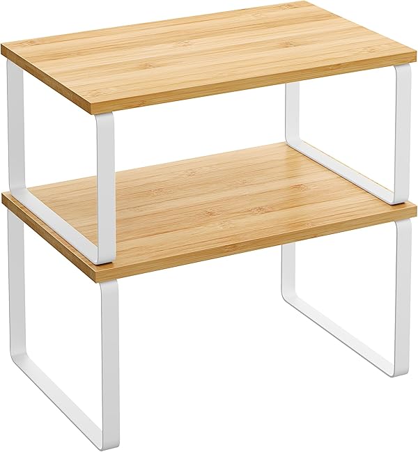 SONGMICS Gewürzregal, 2er Set Küchen-Organizer, Küchenregal, Schrank-Organizer Küche, erweiterbar, kleines Regal, stapelbar, Metall und Holzwerkstoff, wolkenweiß-naturbeige KCS02NW