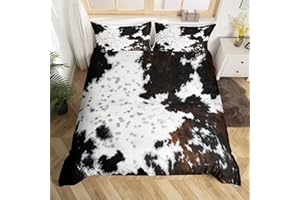 HOMEWISH Cowhide Printed Duvet Cover Queen Size, White Black Brown Cow Bedding Set 3Pcs for Kids Teen Adult Room Decor, Abstract Animal Skin Print Comforter Cover Farmhouse Quilt Cover with 2 Pillowcases