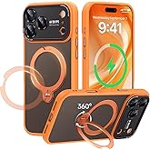 for iPhone 17 Pro Max Case: 360 Spin Magnetic Stand, Camera Protection (Compatible with MagSafe) [18FT Military Protection] Shockproof Matte Translucent Phone Cover for iPhone 17 Pro Max 6.9", Orange