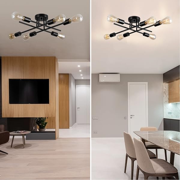 BRKNIT SPUTNIK CHANDELIERS, MODERN SEMI FLUSH MOUNT CEILING LIGHT WITH E26 BASE, MID CENTURY INDUSTRIAL KITCHEN FARMHOUSE LIGHT FIXTURES FOR BEDROOM LIVING ROOM (BLACK, CEILING 6 LIGHTS (LENGTHEN))