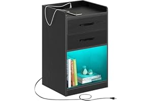 Seventable Nightstand with Charging Station and LED Lights, Modern Night Stand with 2 Drawers and Storage Open Compartment for Bedroom, Black
