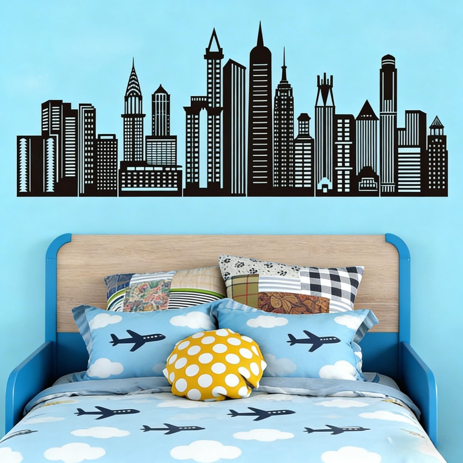 City Skyline Wall Stickers for Boys: Peel and Stick Black Building Cityscape Silhouette Wall Decals - Wall Art Decor Kids Supplies Ages 1-12 Year