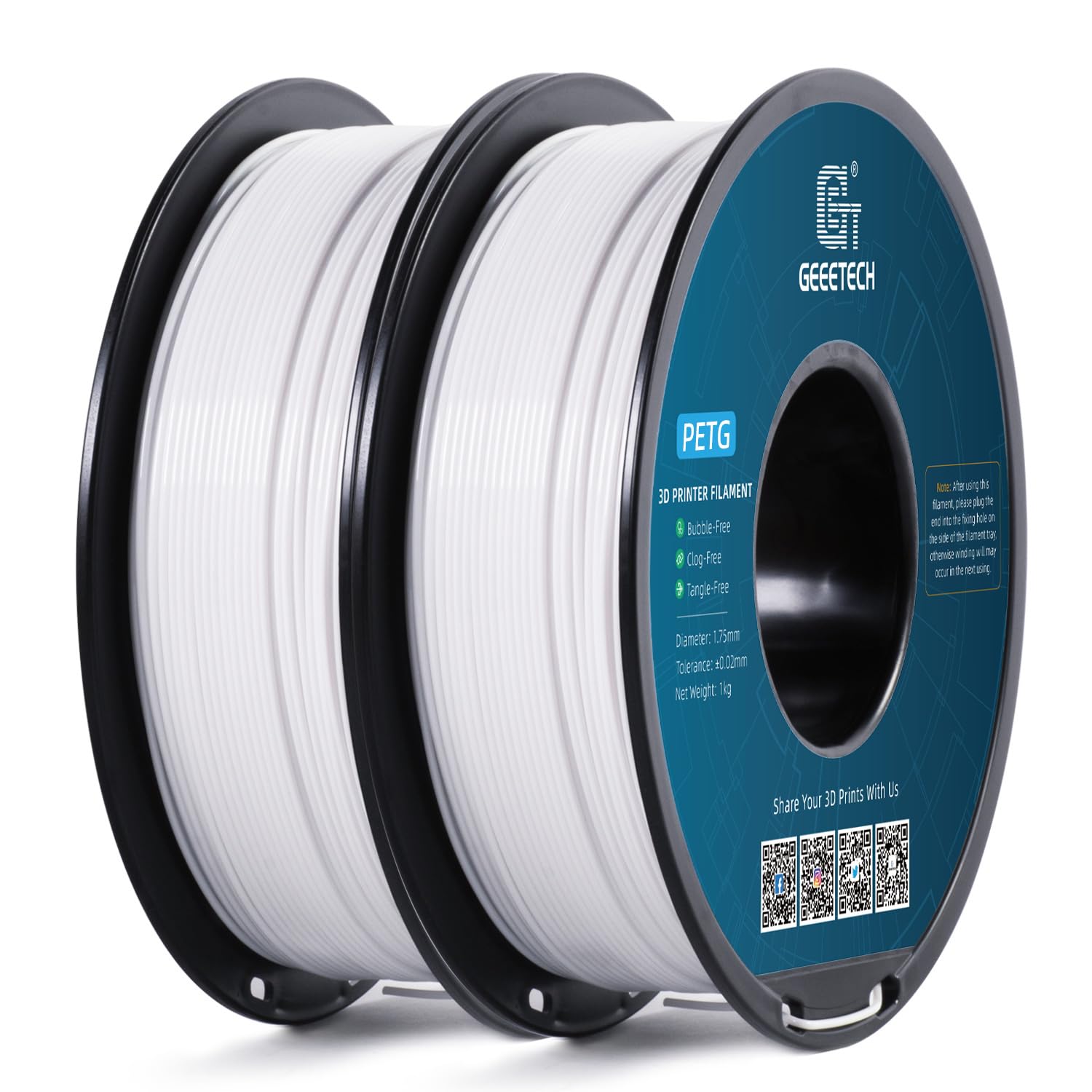 Geeetech PETG Filament 1.75mm, 2kg (4.4lbs) / 2 Pack Upgraded High-Toughness 3D Printer Filament - ±0.02mm Accuracy, Neatly Wound Durable, Non-Clogging & Non-Stringing, Fits Most FDM Printers (White) Image