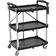 ELEVON Portable Folding Collapsible Service Cart Foldable Service Cart 3 Tier Collapsible Push Cart Folding Utility Carts with Wheels for Office Warehouse Home, Black