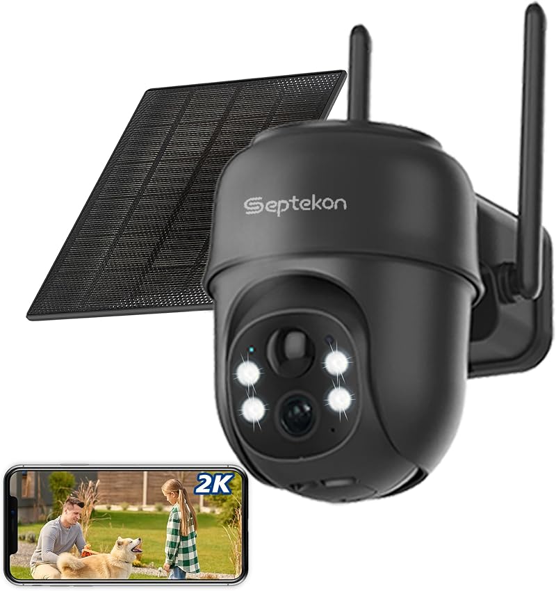 Septekon 2K Solar Wireless Security Camera 360 PTZ Battery IP66 Black