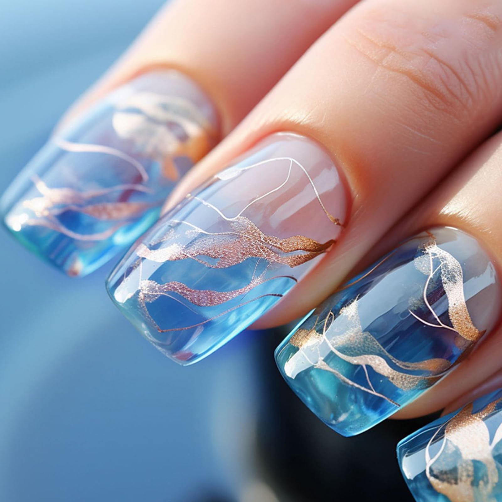 24Pcs Press on Nails Medium Length Square Blue Tips False Nails Elegant French Fake Nails with Gold Lines Design Acrylic Full Cover Stick on Nails for Women and Girls Nail Art