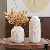 PhiDor White Ceramic Flower Vase Set of 2, Porcelain Cylindrical Dried Flowers Holder, Decorating for Drawing Room/Table/Study/Office Entryway, Modern Simple Boho Style (White)