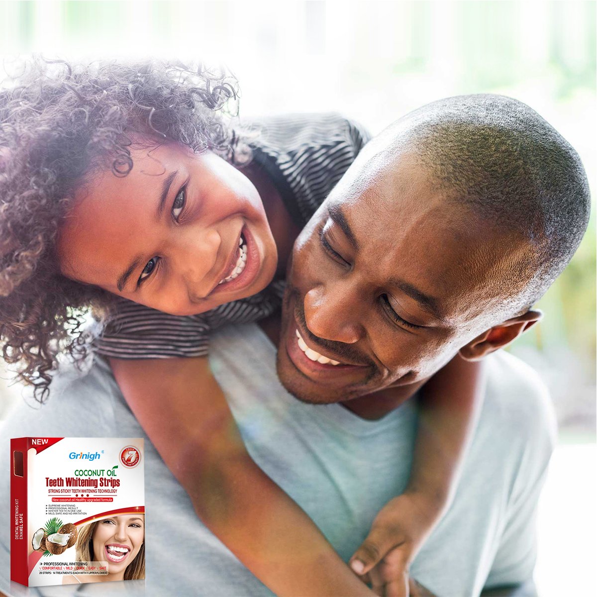 Grinigh COCONUT OIL Whitestrips Dental Professional Effects Teeth Whitening Strips Kit, 14 Treatments - Lasts 6 Months & Beyond - Non-Slip White Strips with a Fresh COCONUT Fragrance