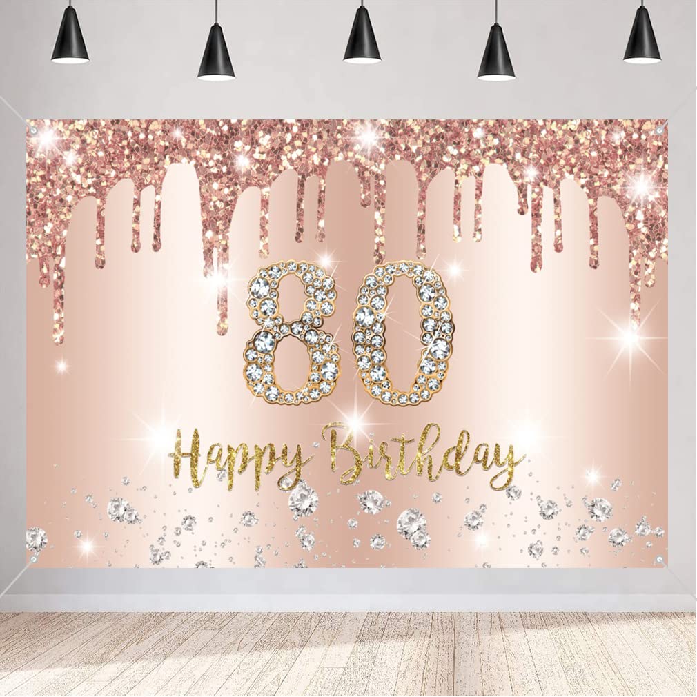 Happy 80th Birthday Decorations for Women, Happy 80 Years Old Backdrop Fabric Rosegold Sign Poster, 80th Birthday Party Supplies Photography Background Welcome Sign, 150cm x 90cm