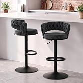Bar Stools Set of 2 Kitchen Counter Height Chairs Modern Barstool Grey | Fabric upholstered seat with woven back, metal legs &amp; large footrest, Farmhouse swivel adjustable bar islands chairs, 300lb
