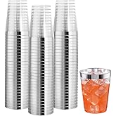 I00000 100PCS Silver Plastic Cups,10 oz Clear Plastic Cups with Silver Trim, Heavy-Duty Disposable Hard Cup For Party, Premium Cup Perfect for Wedding & Party