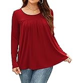 AUHEGN Long Sleeve Shirts for Women Pleated Tunic Tops Casual Crew Neck Loose Fit Fall Tops Blouse Outfits for Legging