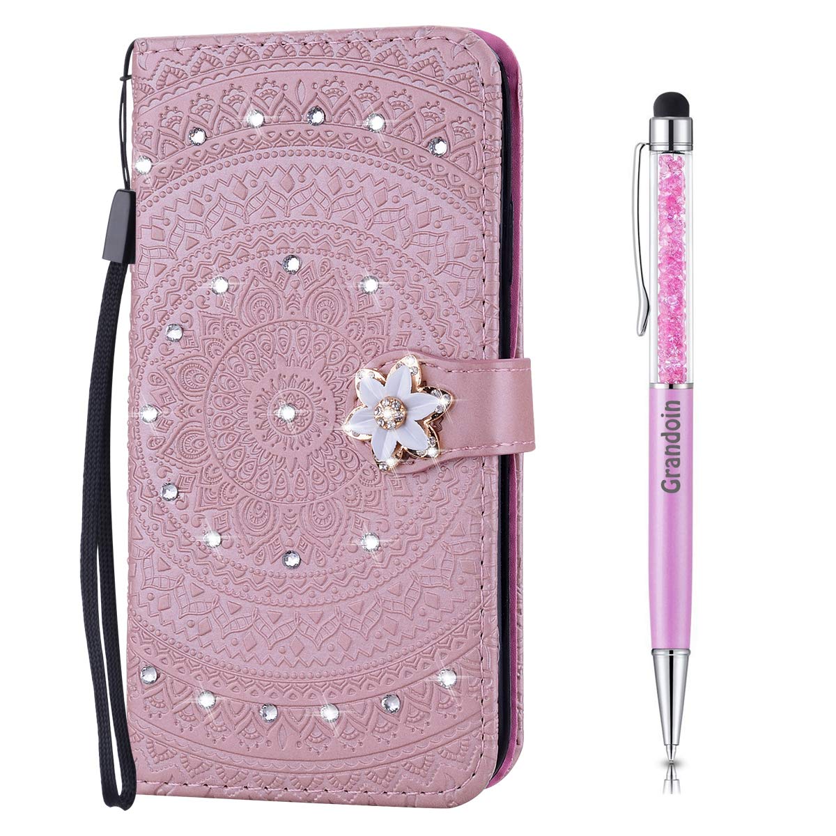 Grandoin Compatible with for Galaxy A70 Case, Bling Sparkly Diamonds Mandala Pattern PU Leather Magnetic Flip Cover with Card Slots Bookstyle Wallet Case for Samsung Galaxy A70 (Pink)