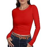 Roselux Womens Long Sleeve Stretch Crewneck Ribbed Knit Fitted Crop Top Casual Basic Shirts