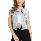 MISS MOLY Women's Ripped Denim Vest Cropped Distressed Classic Sleeveless Jean Vest Jackets With Flap Pockets