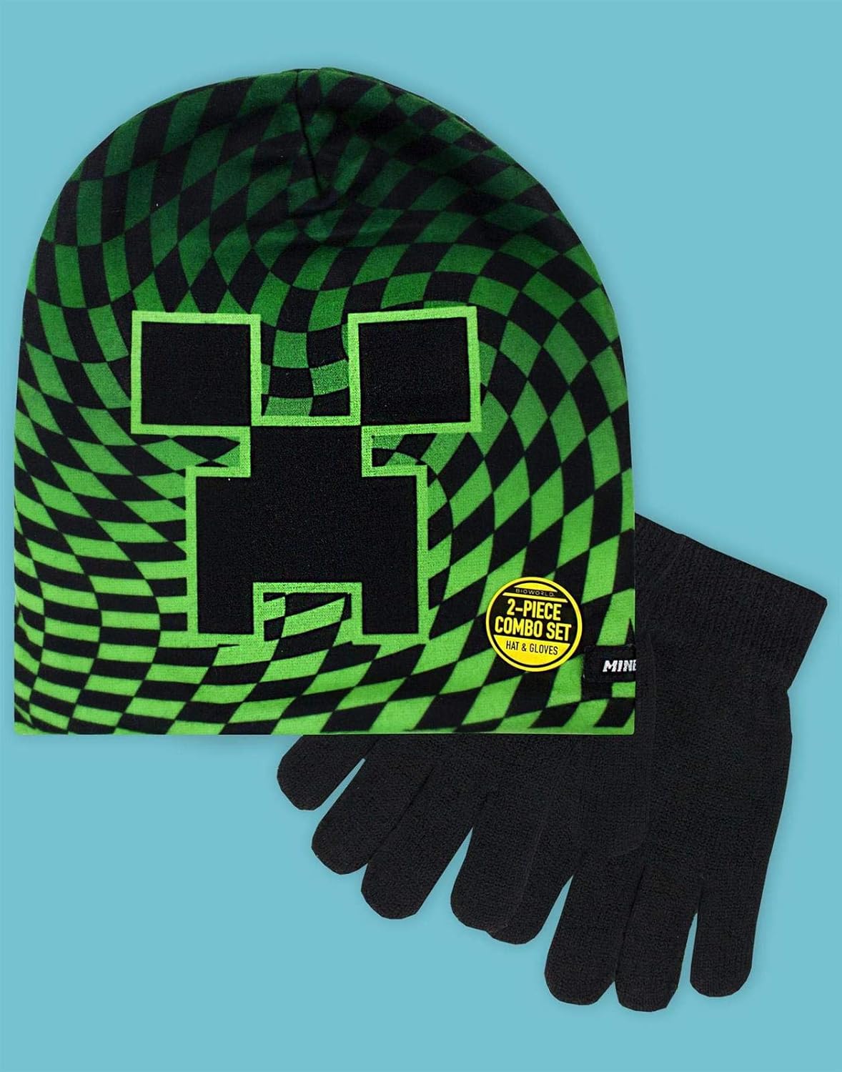 Minecraft Boy's Creeper Checkered 2 Piece Kids Hat and Gloves Set Black: Clothing
