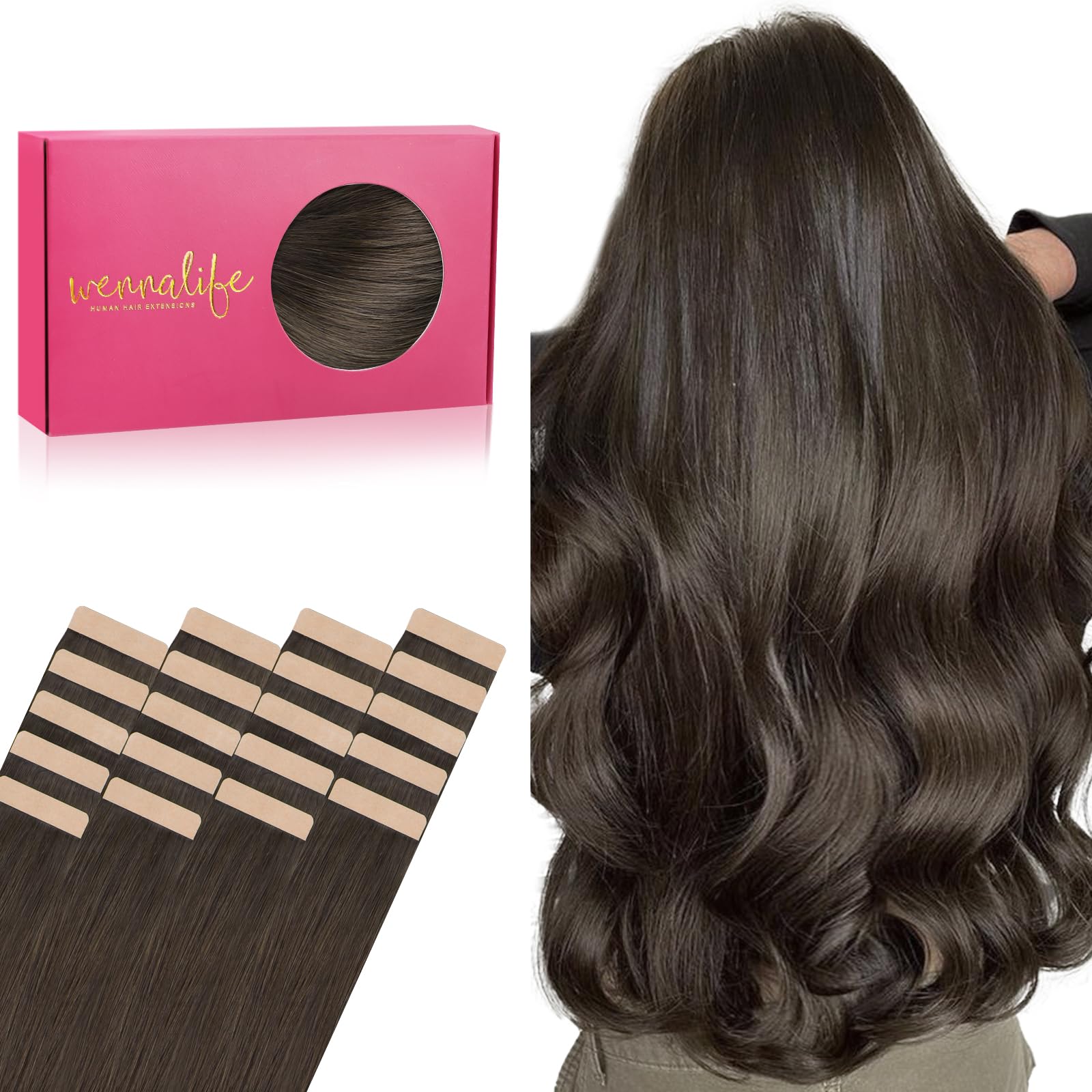 WENNALIFE Tape in Hair Extensions Human Hair, 10inch 20pcs 30 Cool Dark Brown Real Human Hair Tape Extensions — image 1